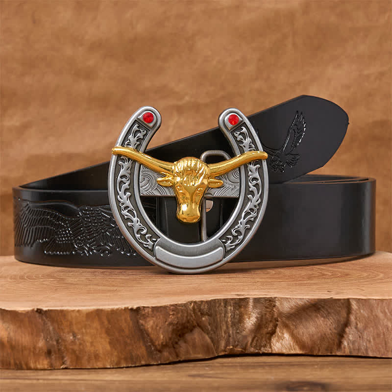 Ceinture en cuir avec boucle en forme de fer à cheval western à tête de taureau dorée - Bull d'or - Ceinture noire avec aigle en relief - 42 - image 2