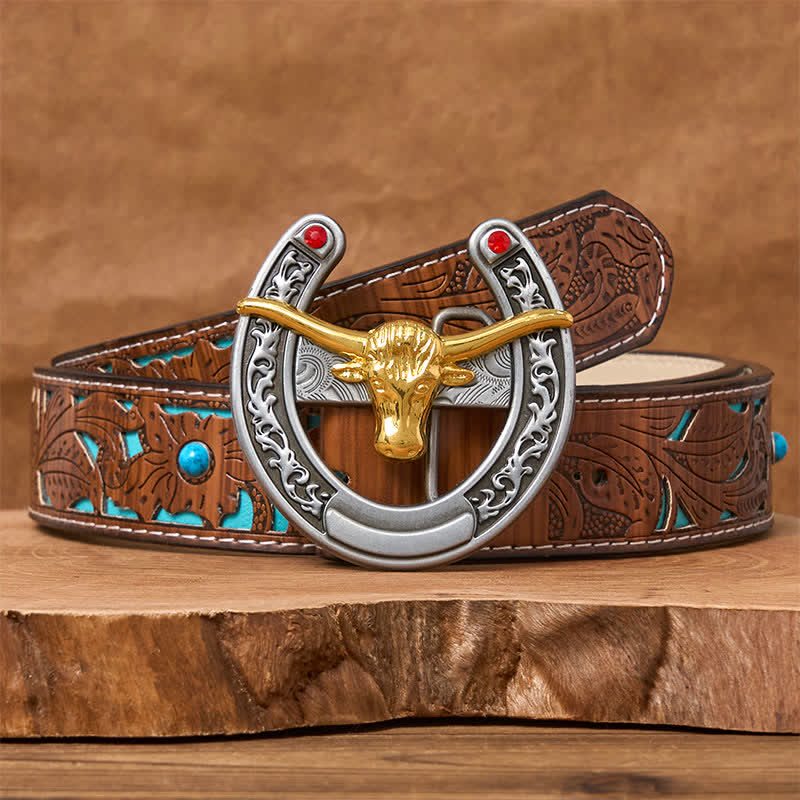 Ceinture en cuir avec boucle en forme de fer à cheval western à tête de taureau dorée - Bull d'or - Ceinture sculptée en turquoise - 42 - image 3