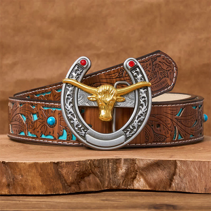 Ceinture en cuir avec boucle en forme de fer à cheval western à tête de taureau dorée - Bull d'or - Ceinture sculptée en turquoise - 42 - image 3