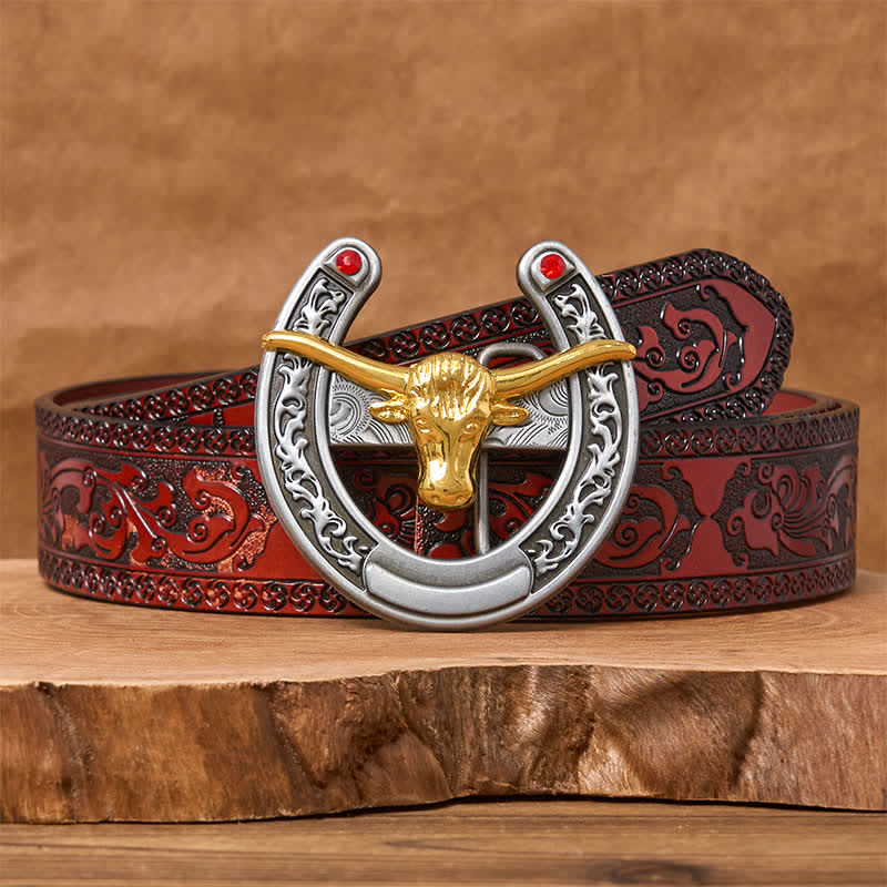 Ceinture en cuir avec boucle en forme de fer à cheval western à tête de taureau dorée - Bull d'or - Ceinture marron sculptée - 42 - image 6