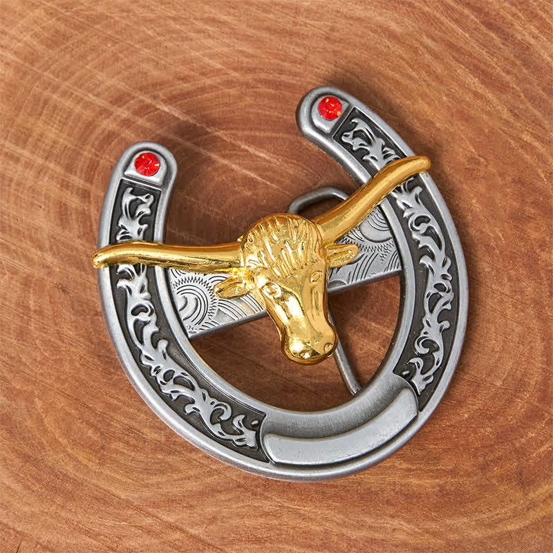 Ceinture en cuir avec boucle en forme de fer à cheval western à tête de taureau dorée - image 1