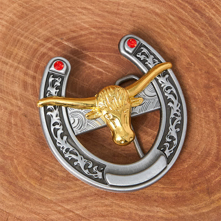 Ceinture en cuir avec boucle en forme de fer à cheval western à tête de taureau dorée - image 1