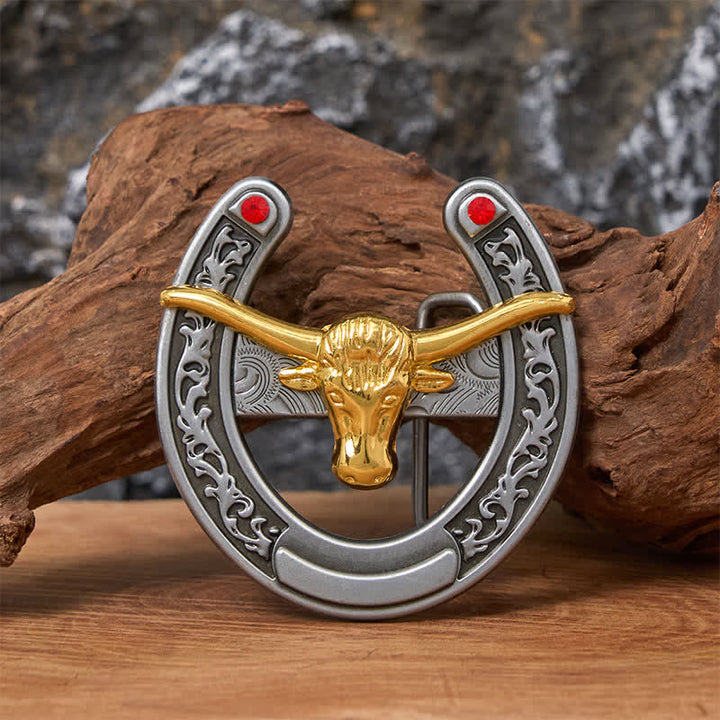 Ceinture en cuir avec boucle en forme de fer à cheval western à tête de taureau dorée - Bull d'or - Sans ceinture - Ceinture non incluse - image 0