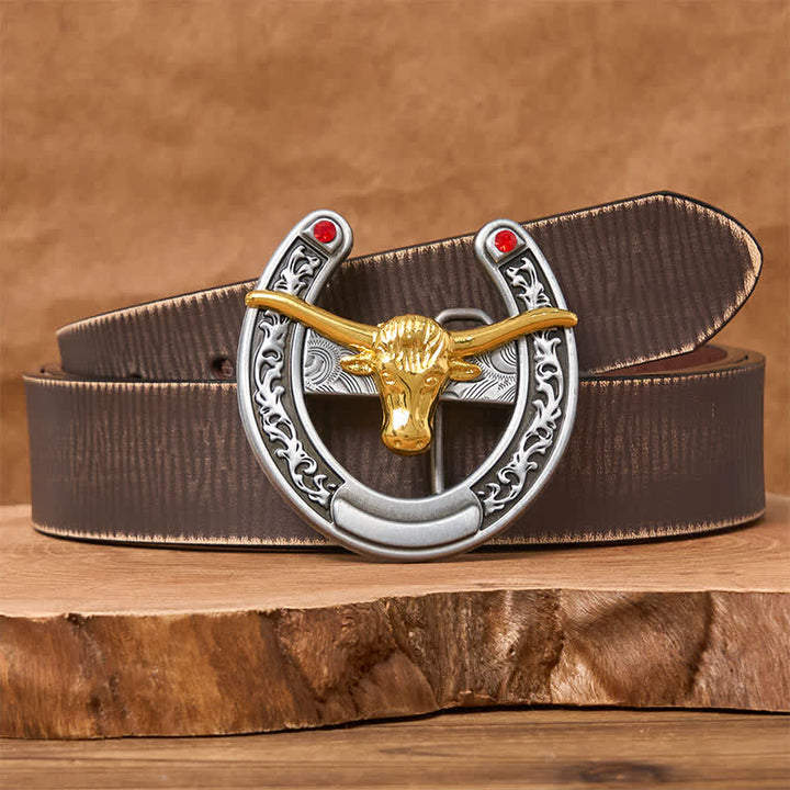 Ceinture en cuir avec boucle en forme de fer à cheval western à tête de taureau dorée - Bull d'or - Ceinture marron vieillie - 42 - image 5