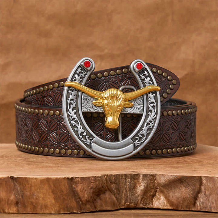 Ceinture en cuir avec boucle en forme de fer à cheval western à tête de taureau dorée - Bull d'or - Ceinture à rivets marron - 42 - image 4