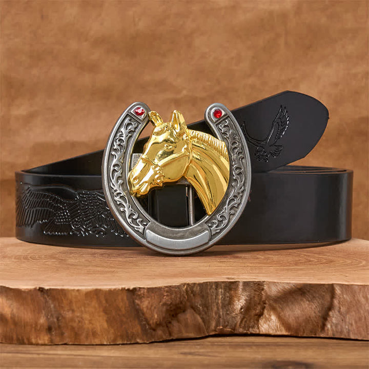 Ceinture en cuir avec boucle en forme de tête de cheval et de fer à cheval - Cheval d'or - Ceinture noire avec aigle en relief - 42 - image 2