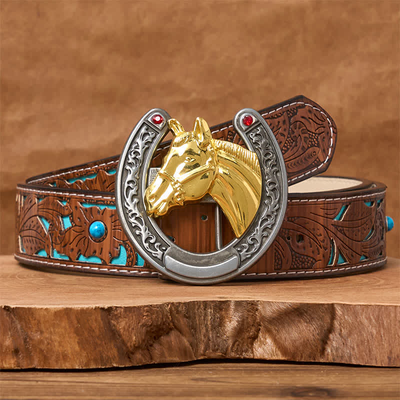 Ceinture en cuir avec boucle en forme de tête de cheval et de fer à cheval - Cheval d'or - Ceinture sculptée en turquoise - 42 - image 3