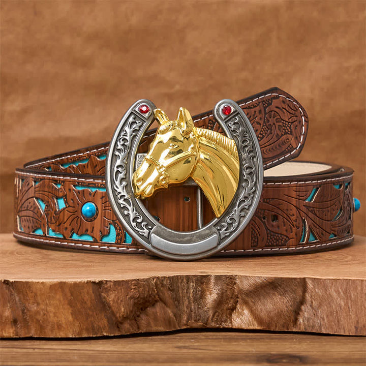 Ceinture en cuir avec boucle en forme de tête de cheval et de fer à cheval - Cheval d'or - Ceinture sculptée en turquoise - 42 - image 3