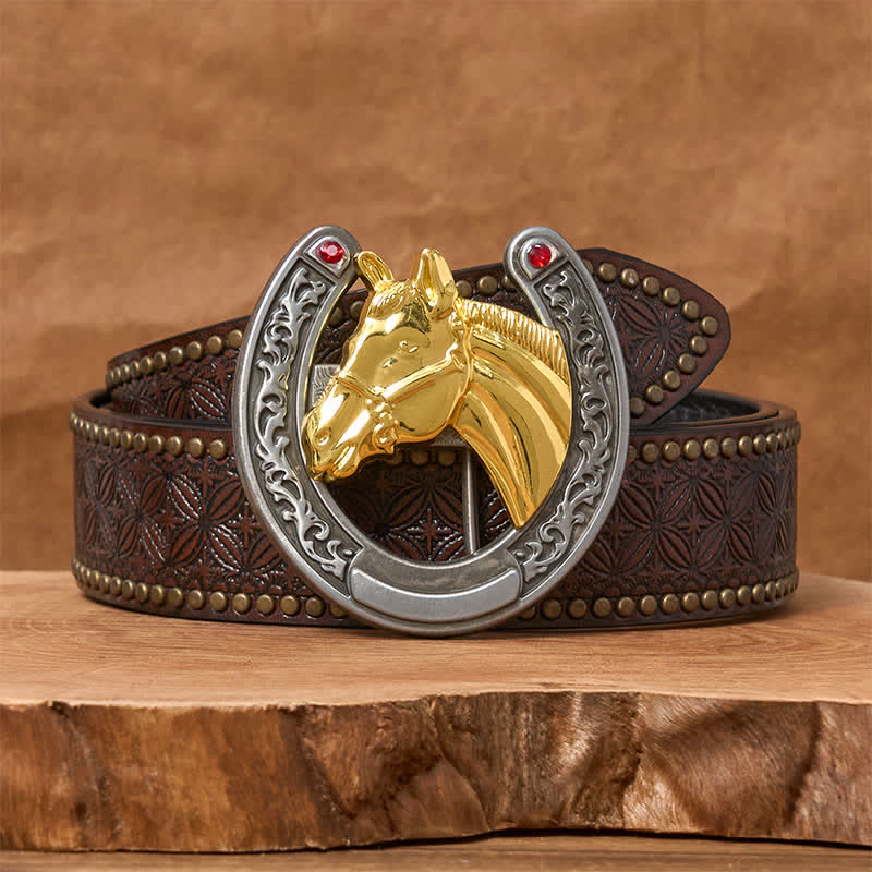 Ceinture en cuir avec boucle en forme de tête de cheval et de fer à cheval - Cheval d'or - Ceinture à rivets marron - 42 - image 4