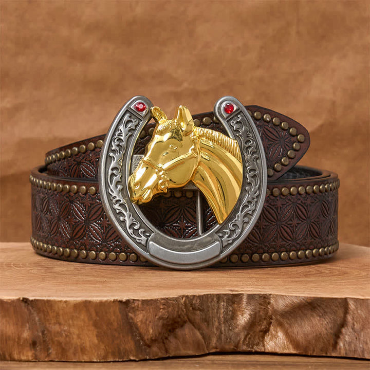 Ceinture en cuir avec boucle en forme de tête de cheval et de fer à cheval - Cheval d'or - Ceinture à rivets marron - 42 - image 4