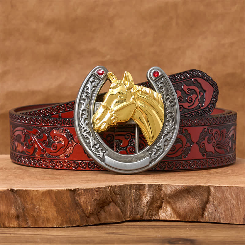 Ceinture en cuir avec boucle en forme de tête de cheval et de fer à cheval - Cheval d'or - Ceinture marron sculptée - 42 - image 6