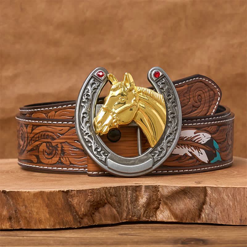 Ceinture en cuir avec boucle en forme de tête de cheval et de fer à cheval - Cheval d'or - Ceinture à plumes marron - 40 - image 7