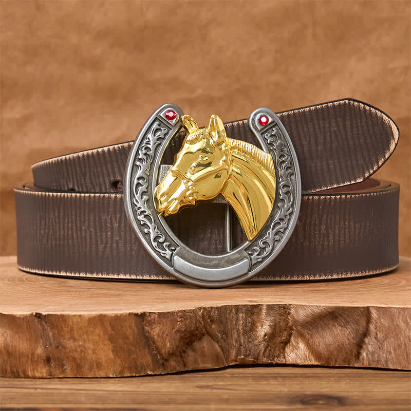 Ceinture en cuir avec boucle en forme de tête de cheval et de fer à cheval - Cheval d'or - Ceinture marron vieillie - 42 - image 5