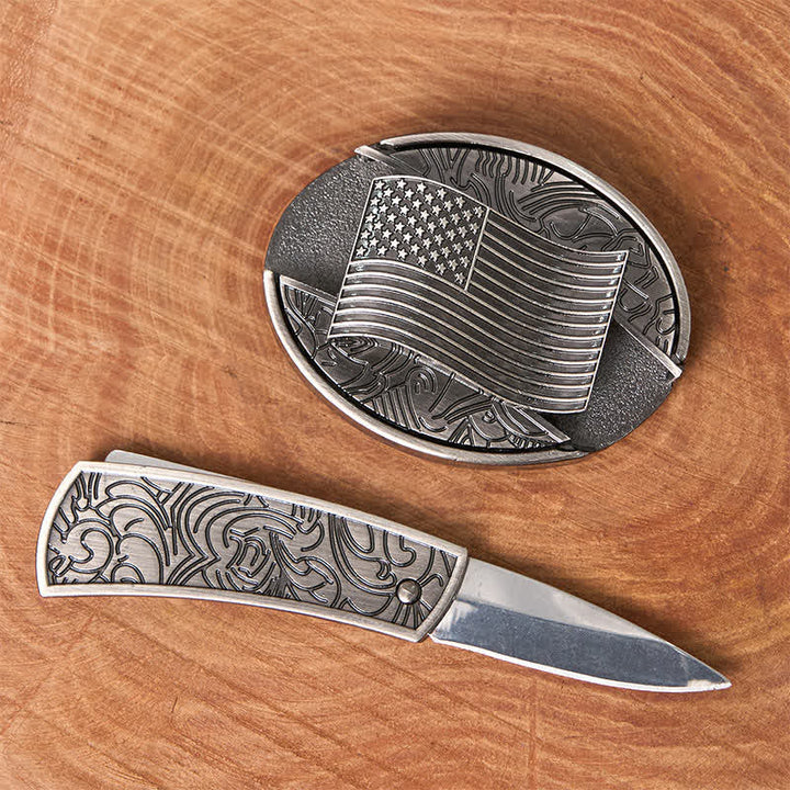 Ceinture en cuir avec boucle de couteau cachée et drapeau américain argenté - image 1