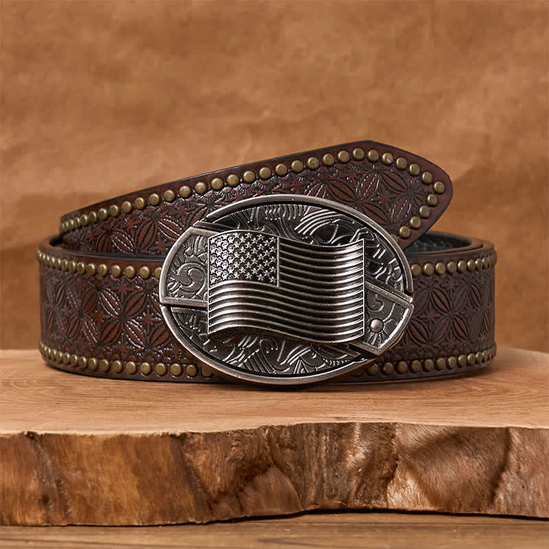 Ceinture en cuir avec boucle de couteau cachée et drapeau américain argenté - Ceinture à rivets marron - 42 - image 6