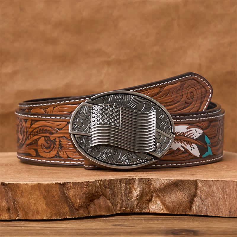 Ceinture en cuir avec boucle de couteau cachée et drapeau américain argenté - Ceinture à plumes marron - 40 - image 9