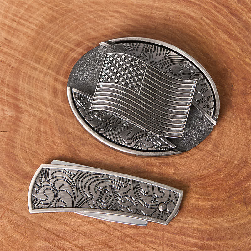 Ceinture en cuir avec boucle de couteau cachée et drapeau américain argenté - image 3