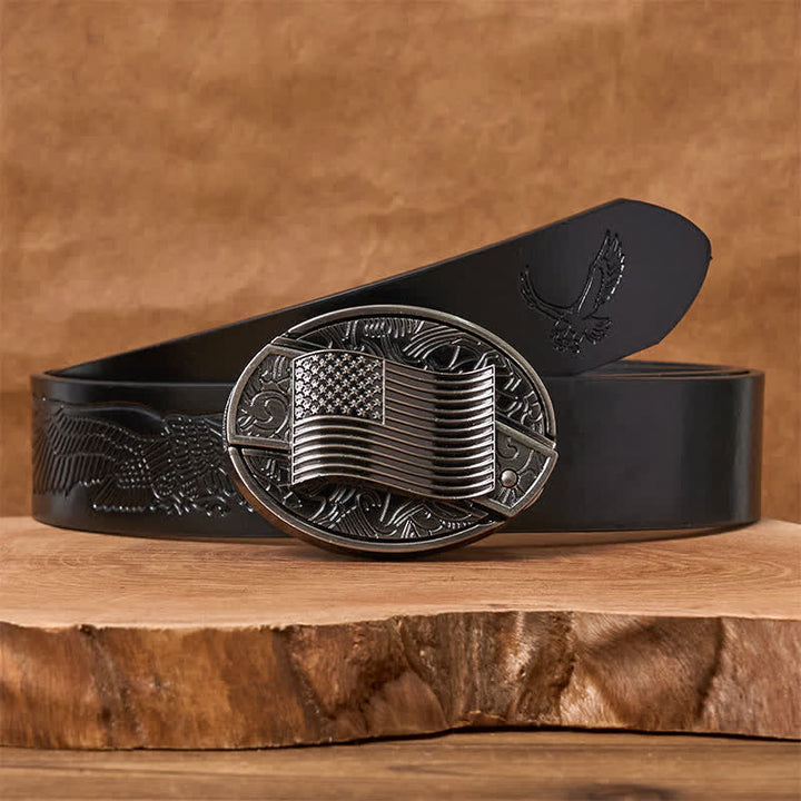 Ceinture en cuir avec boucle de couteau cachée et drapeau américain argenté - Ceinture noire avec aigle en relief - 42 - image 4