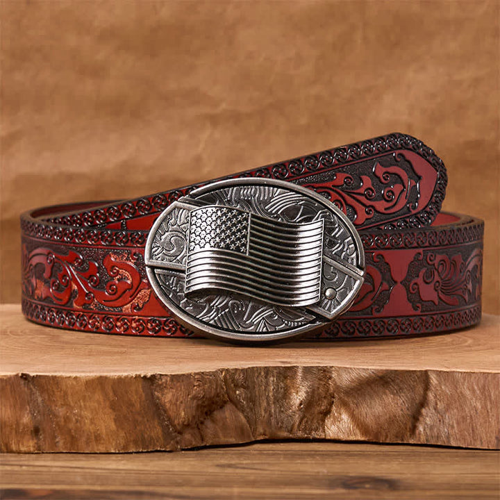 Ceinture en cuir avec boucle de couteau cachée et drapeau américain argenté - Ceinture marron sculptée - 42 - image 8