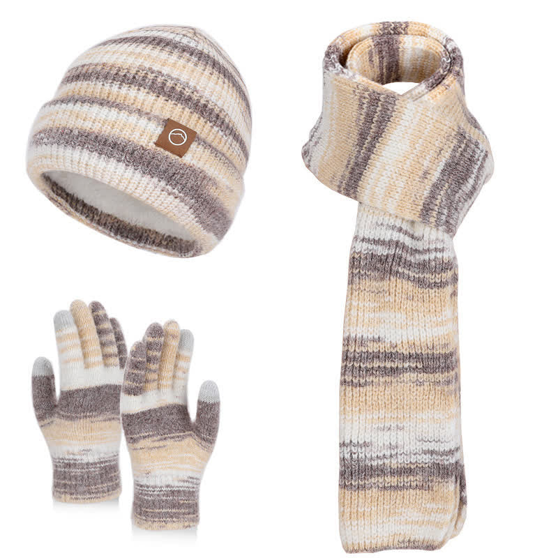 Ensemble de 3 pièces bonnet, écharpe et gants à rayures neutres multicolores - Kaki - Réglable (21 5/8"-23 5/8") - image 7