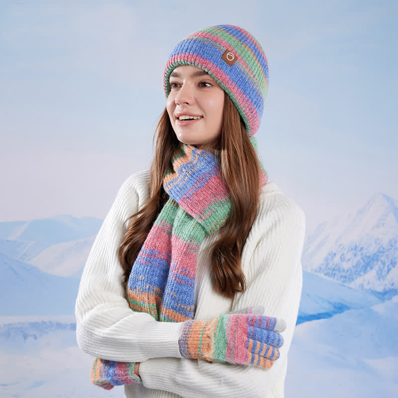 Ensemble de 3 pièces bonnet, écharpe et gants à rayures neutres multicolores - image 2