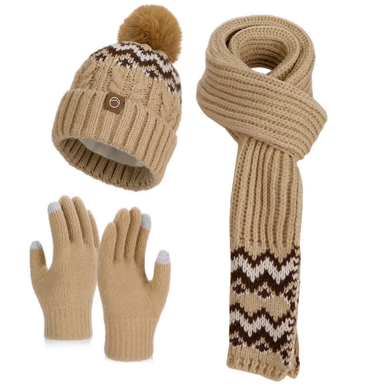 Ensemble de 3 charmants bonnets, écharpes et gants à pompons à motif ondulé - Kaki foncé - Réglable (21 5/8"-23 5/8") - image 4