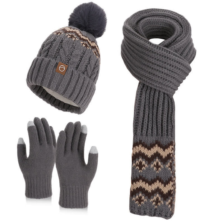Ensemble de 3 charmants bonnets, écharpes et gants à pompons à motif ondulé - Gris - Réglable (21 5/8"-23 5/8") - image 6