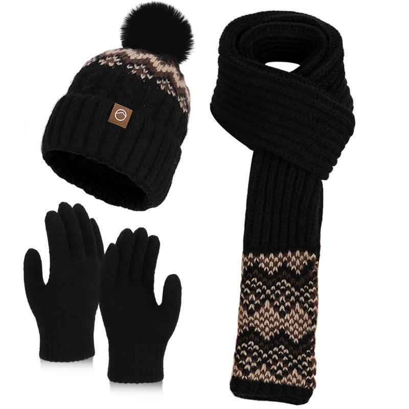 Ensemble de 3 charmants bonnets, écharpes et gants à pompons à motif ondulé - Noir - Réglable (21 5/8"-23 5/8") - image 5