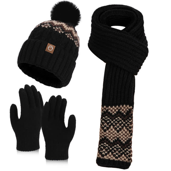 Ensemble de 3 charmants bonnets, écharpes et gants à pompons à motif ondulé - Noir - Réglable (21 5/8"-23 5/8") - image 5