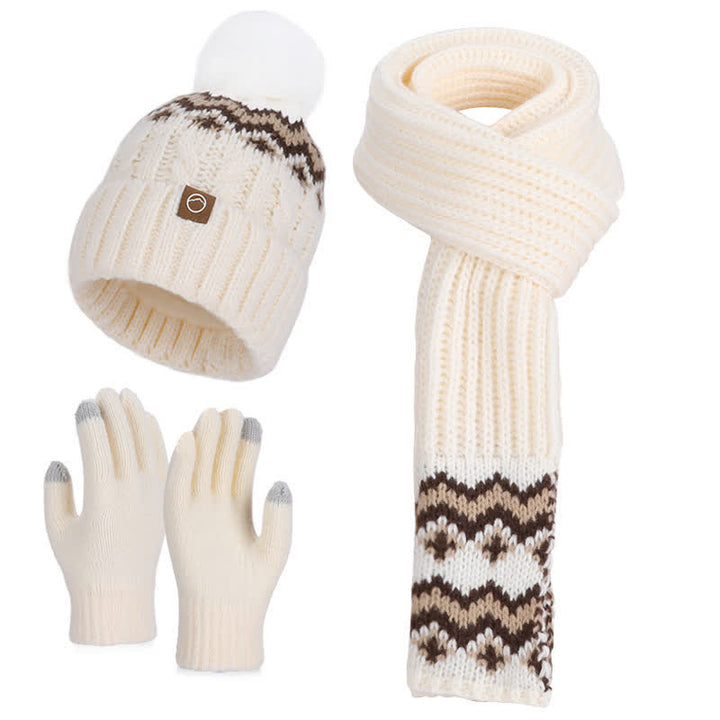 Ensemble de 3 charmants bonnets, écharpes et gants à pompons à motif ondulé - Beige - Réglable (21 5/8"-23 5/8") - image 3