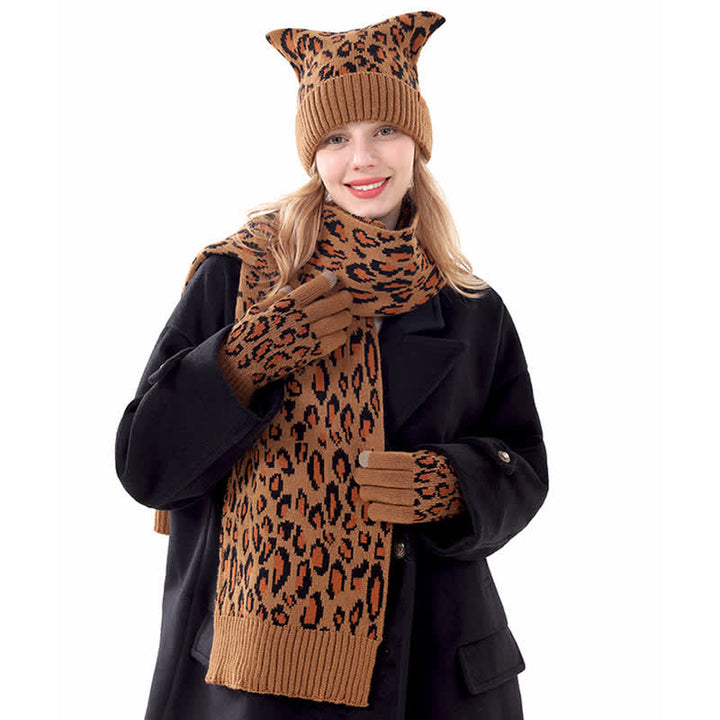 Ensemble de 3 pièces avec bonnet, écharpe et gants à imprimé léopard et oreilles de chat - image 1