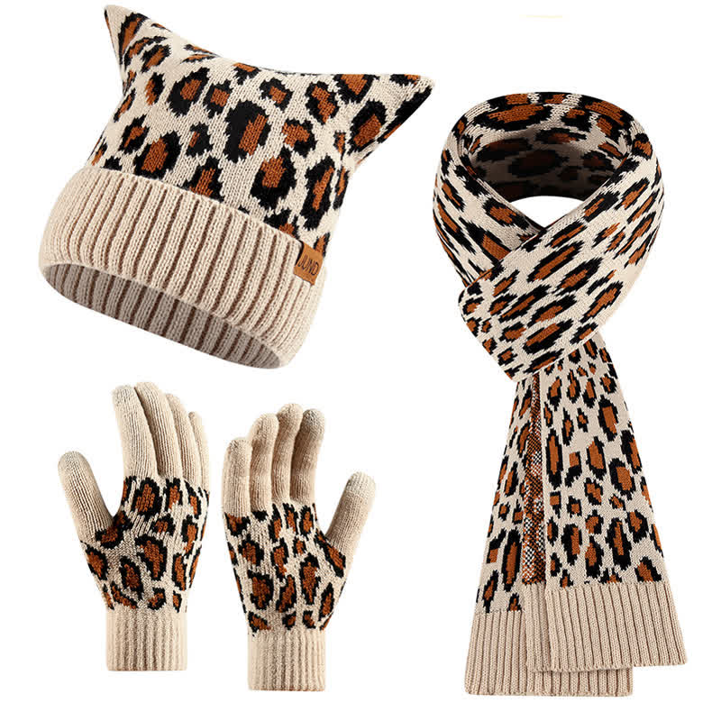 Ensemble de 3 pièces avec bonnet, écharpe et gants à imprimé léopard et oreilles de chat - Beige - Réglable (21 1/4"-22 7/8") - image 8