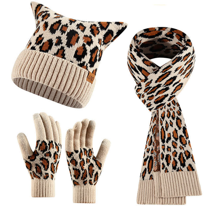 Ensemble de 3 pièces avec bonnet, écharpe et gants à imprimé léopard et oreilles de chat - Beige - Réglable (21 1/4"-22 7/8") - image 8