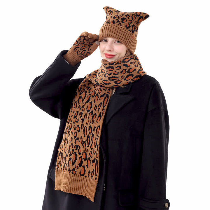 Ensemble de 3 pièces avec bonnet, écharpe et gants à imprimé léopard et oreilles de chat - image 2