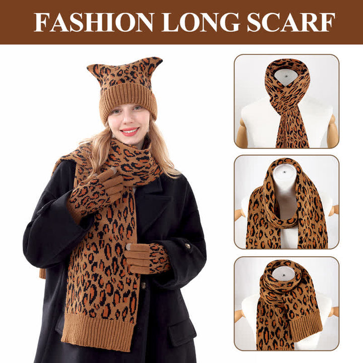 Ensemble de 3 pièces avec bonnet, écharpe et gants à imprimé léopard et oreilles de chat - image 4