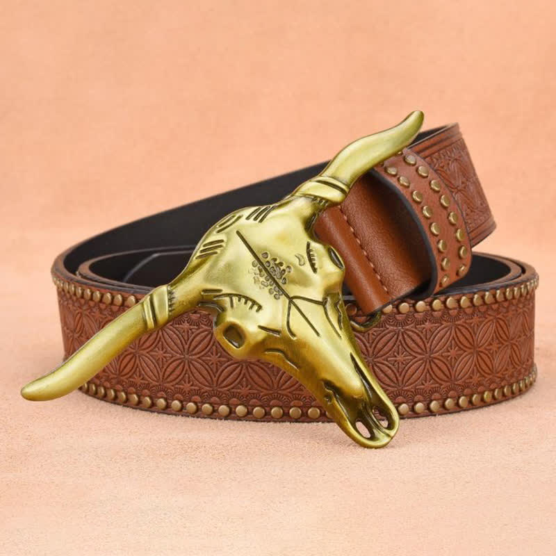 Ceinture en cuir gaufré à rivets tête de bétail western pour homme