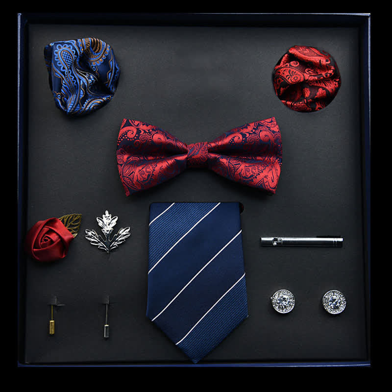 Lot de 8 boutons de manchette et nœuds papillon classiques pour homme, coffret cadeau rouge et bleu