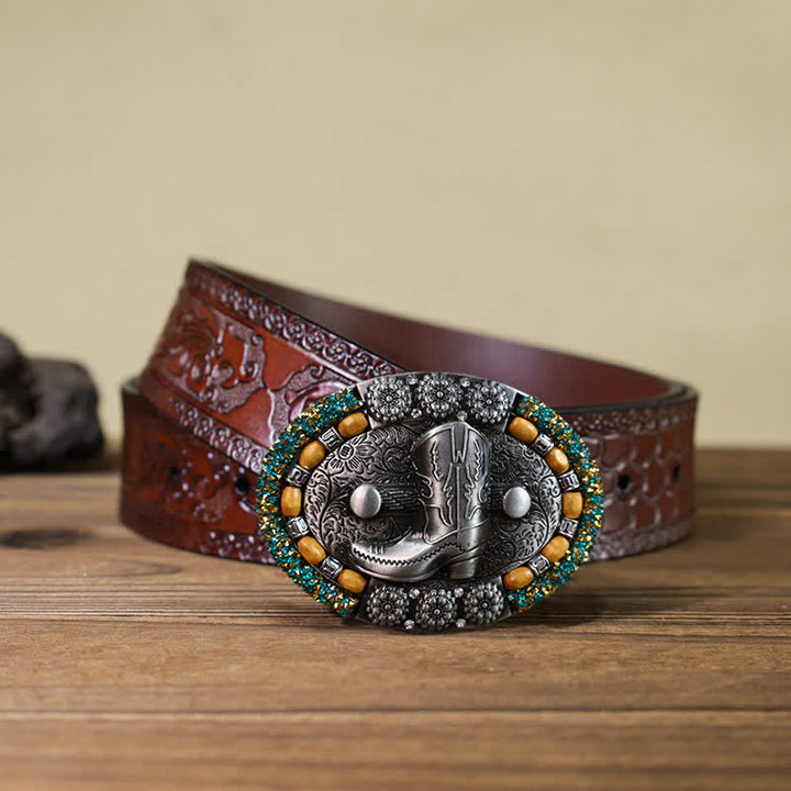 Ceinture en cuir avec boucle de botte en perles de bois et strass pour homme