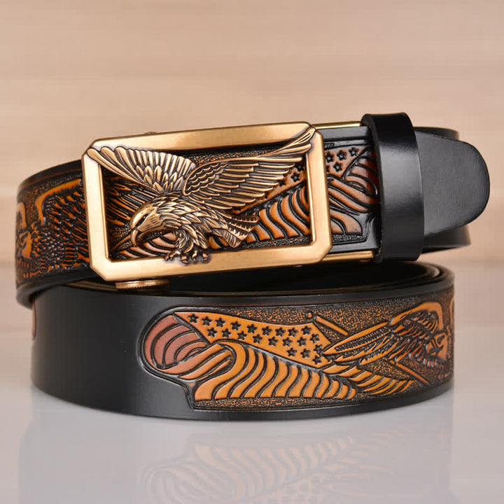 Ceinture en cuir gaufré à boucle aigle creuse pour homme