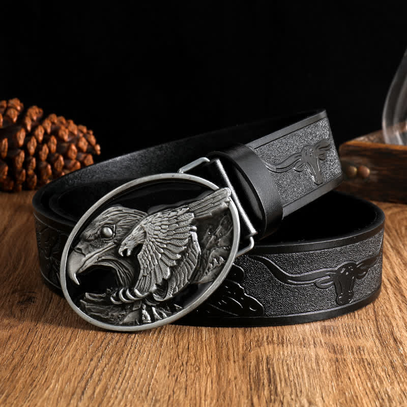 Ceinture en cuir avec boucle en forme d'aigle à tête sculptée blanche pour homme