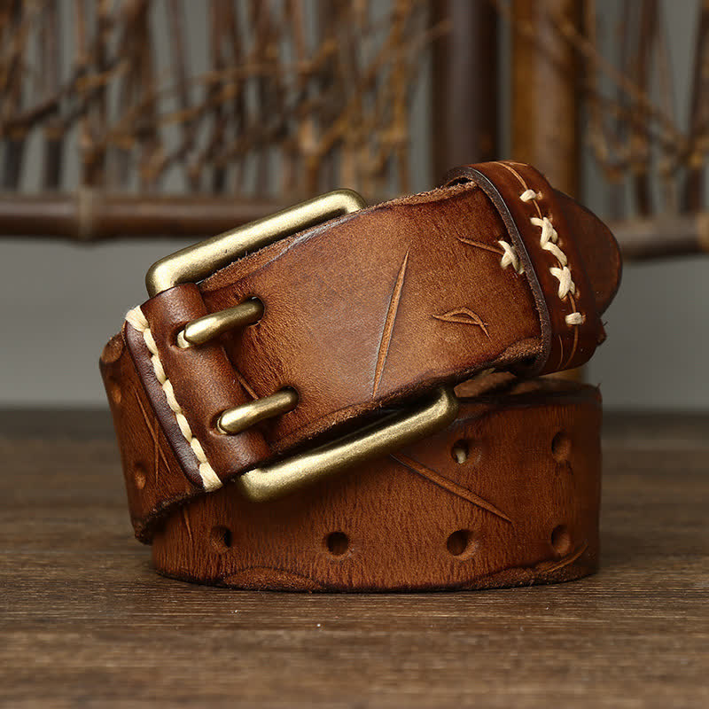 Ceinture en cuir à double boucle pour homme, effet vieilli