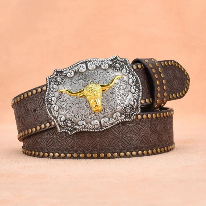 Ceinture en cuir de taureau à longues cornes dorées et rivets punk pour homme