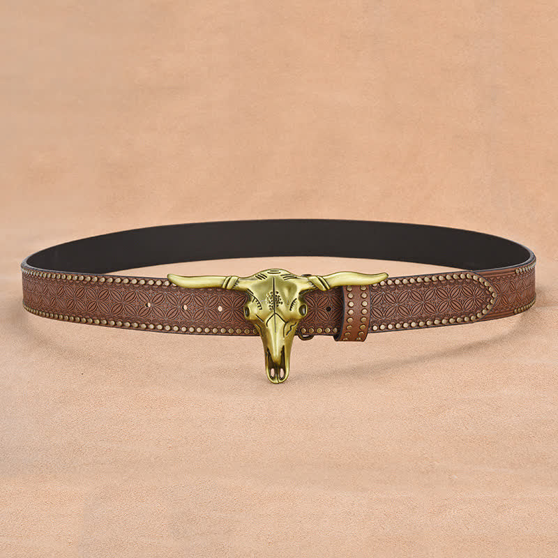 Ceinture en cuir gaufré à rivets tête de bétail western pour homme