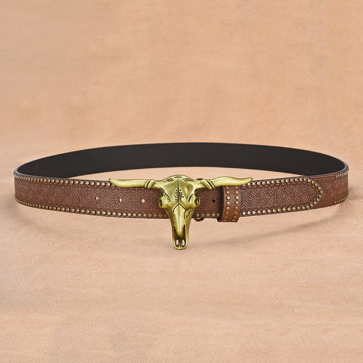 Ceinture en cuir gaufré à rivets tête de bétail western pour homme