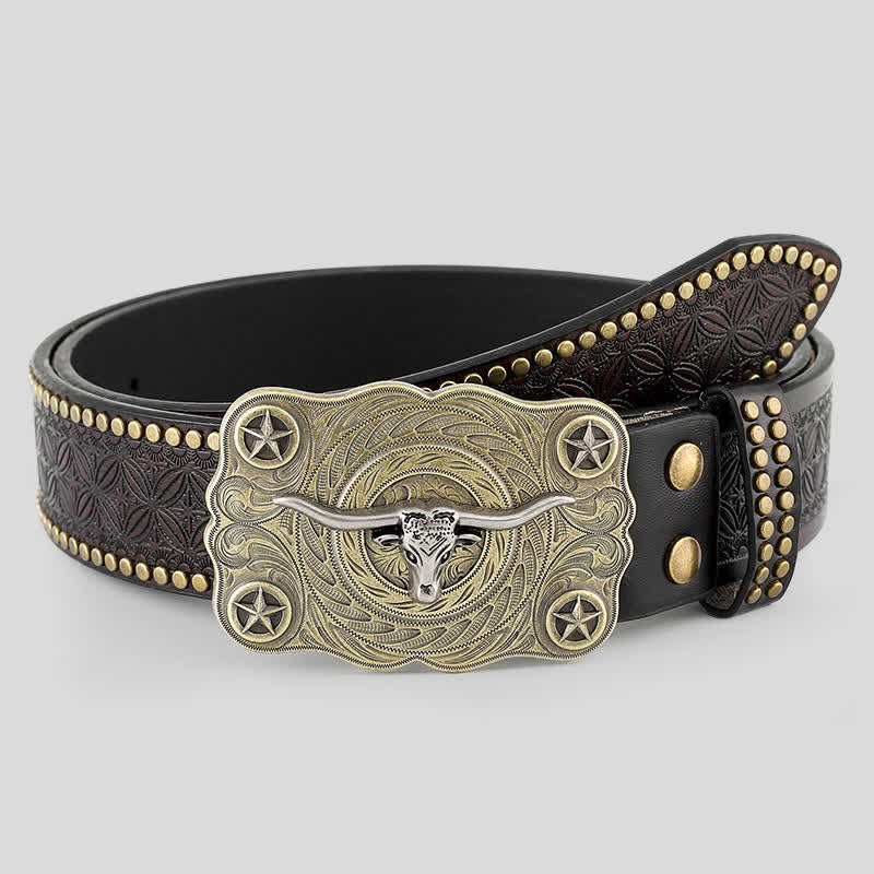 Ceinture en cuir cloutée à tête de taureau Longhorn pour homme