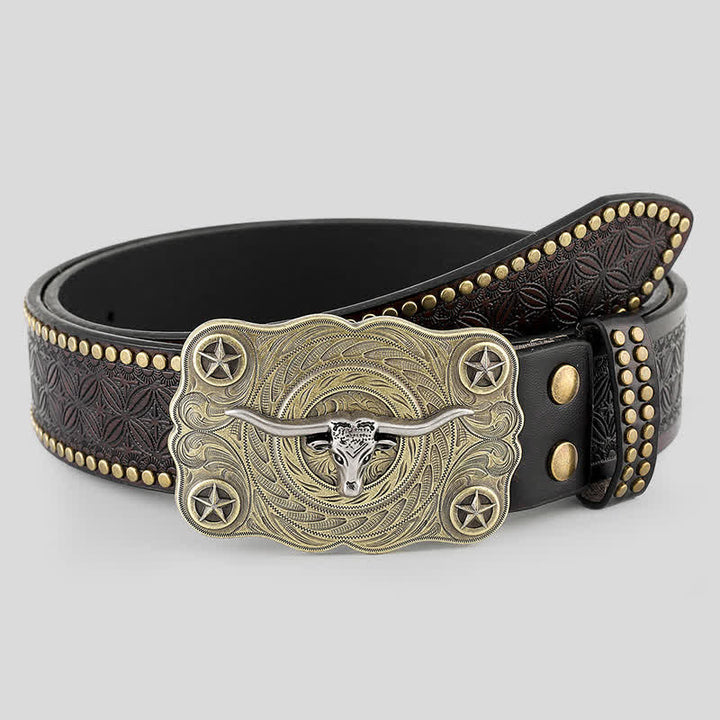 Ceinture en cuir cloutée à tête de taureau Longhorn pour homme