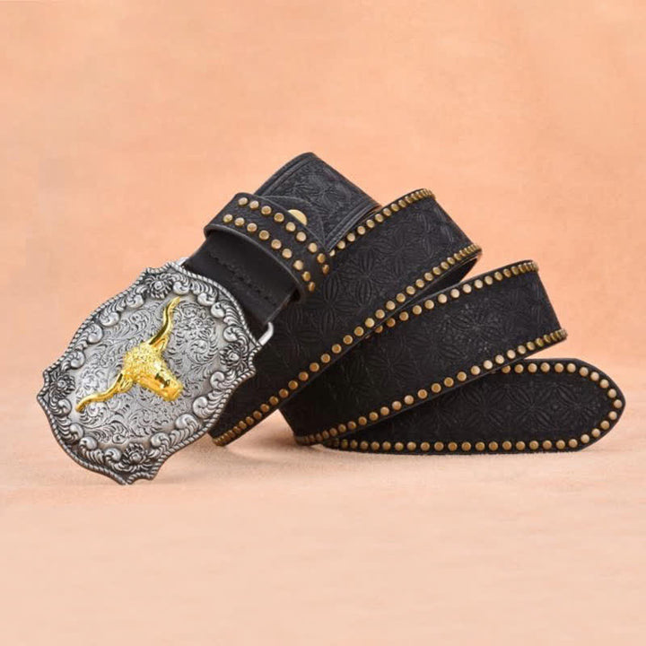 Ceinture en cuir de taureau à longues cornes dorées et rivets punk pour homme