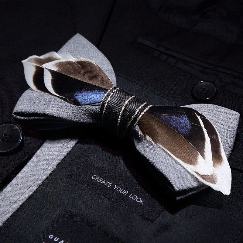 Nœud papillon en plumes de canard colvert gris avec épingle à revers