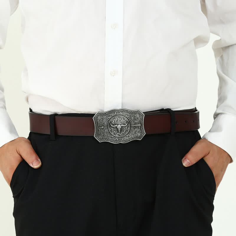 Ceinture en cuir à boucle en forme de flèche de taureau à longue corne pour homme
