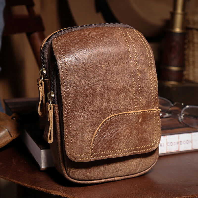 Sac ceinture de voyage en cuir nubuck avec fermeture éclair et bouton-pression magnétique